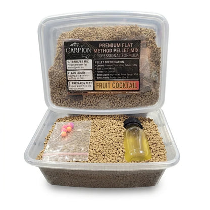 Flat Method Mix Fruit Cocktail 500g + Liquid + Pop-Ups в магазине для рыбалки Carpion