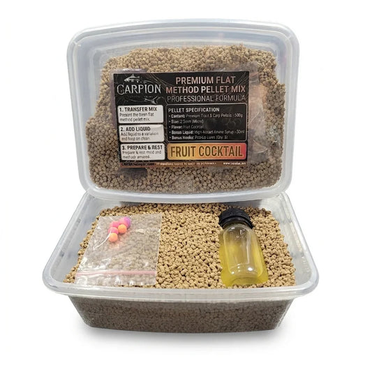 Flat Method Mix Fruit Cocktail 500g + Liquid + Pop-Ups в магазине для рыбалки Carpion