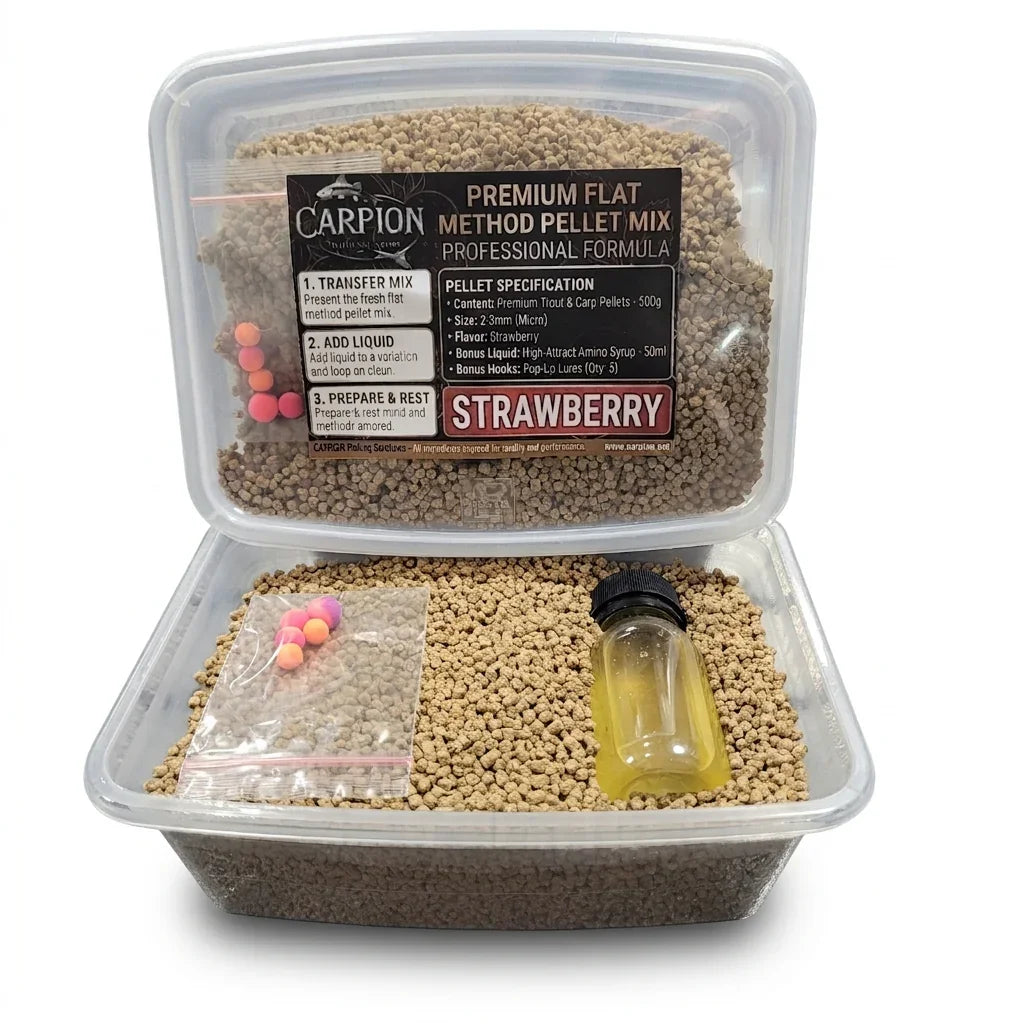 Flat Method Mix Клубника 500g + Liquid + Pop-Ups в магазине для рыбалки Carpion
